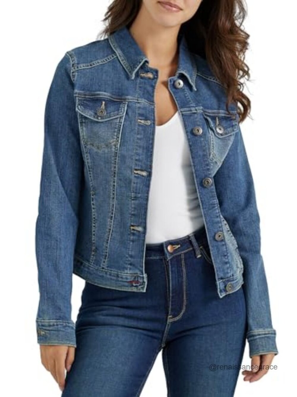 Stretch Denim Jacket Button Closure Flap Pockets Classic Fit